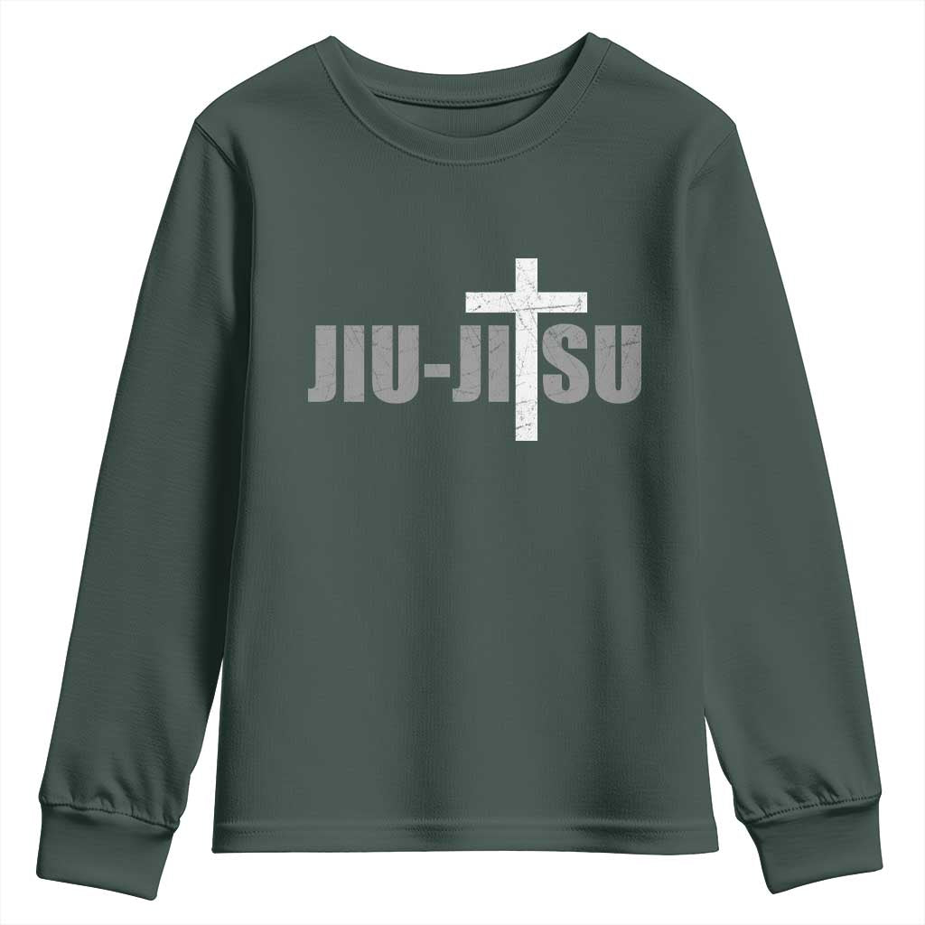 Jiu Jitsu Christian Cross Youth Sweatshirt Retro Vintage Minimal Religious Faith TS10 Dark Forest Green Print Your Wear