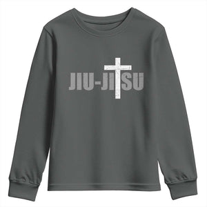 Jiu Jitsu Christian Cross Youth Sweatshirt Retro Vintage Minimal Religious Faith TS10 Dark Heather Print Your Wear