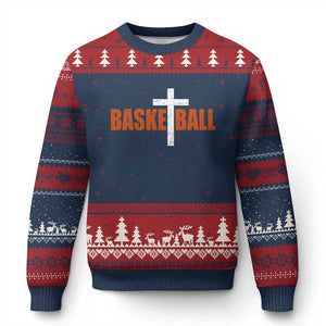 Christian Basketball Cross Ugly Christmas Sweater Retro Vintage Minimal Religious Faith TS10 Navy Red Print Your Wear