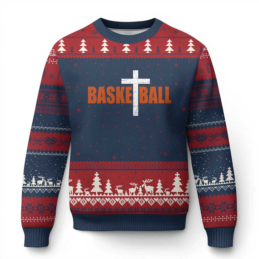 Christian Basketball Cross Ugly Christmas Sweater Retro Vintage Minimal Religious Faith TS10 Navy Red Print Your Wear