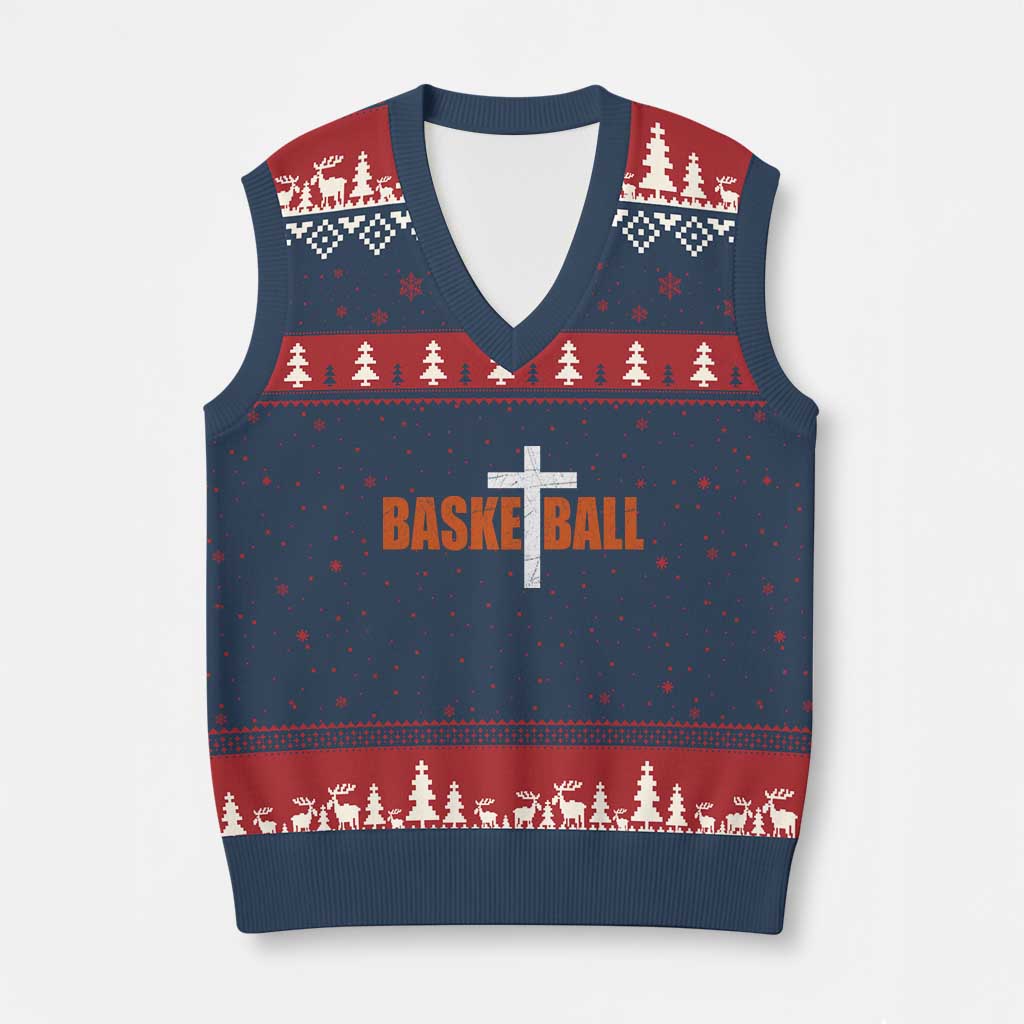 Christian Basketball Cross V-Neck Knit Sweater Vest Retro Vintage Minimal Religious Faith TS10 Navy Red Print Your Wear