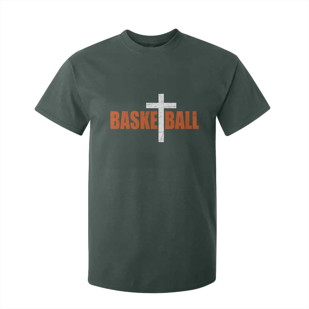 Christian Basketball Cross T Shirt For Kid Retro Vintage Minimal Religious Faith TS10 Dark Forest Green Print Your Wear