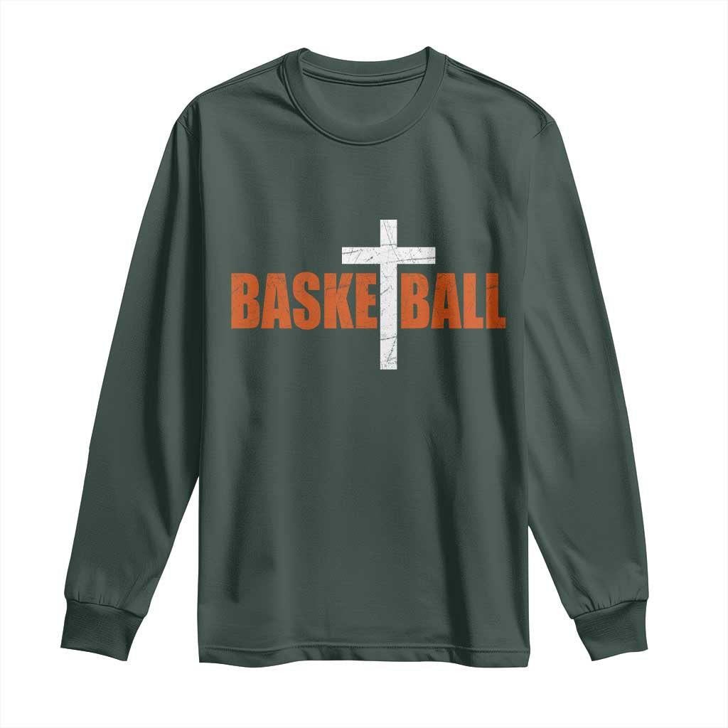 Christian Basketball Cross Long Sleeve Shirt Retro Vintage Minimal Religious Faith TS10 Dark Forest Green Print Your Wear