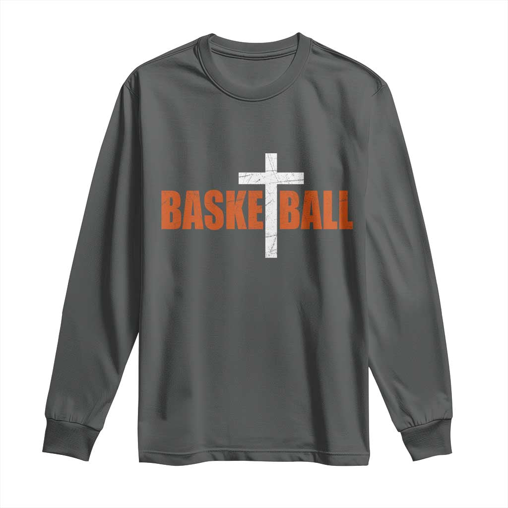 Christian Basketball Cross Long Sleeve Shirt Retro Vintage Minimal Religious Faith TS10 Dark Heather Print Your Wear
