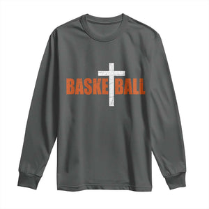 Christian Basketball Cross Long Sleeve Shirt Retro Vintage Minimal Religious Faith TS10 Dark Heather Print Your Wear