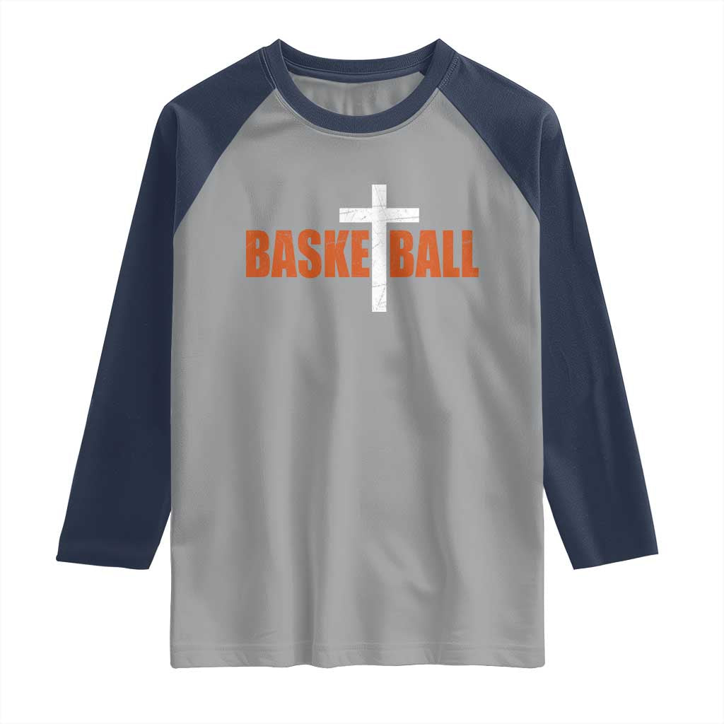 Christian Basketball Cross Raglan Shirt Retro Vintage Minimal Religious Faith TS10 Sport Gray Navy Print Your Wear