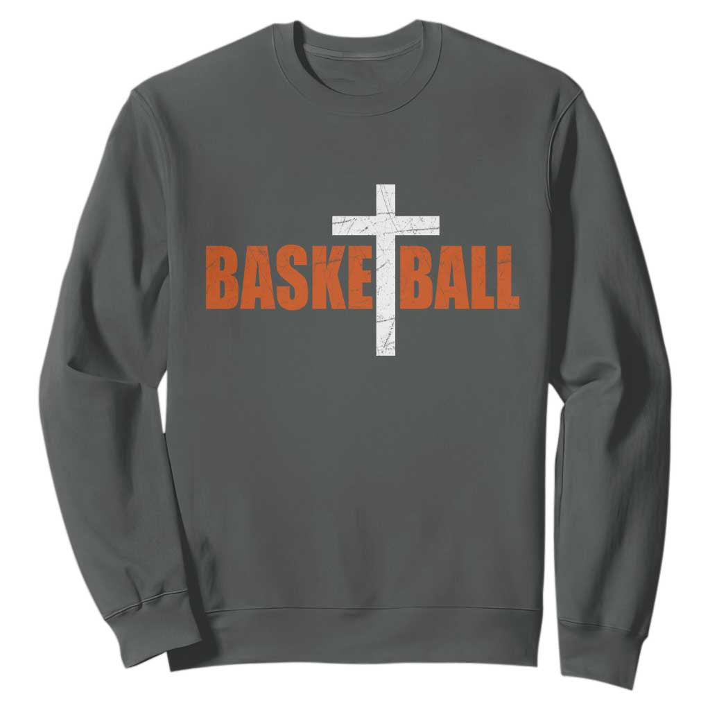 Christian Basketball Cross Sweatshirt Retro Vintage Minimal Religious Faith TS10 Dark Heather Print Your Wear