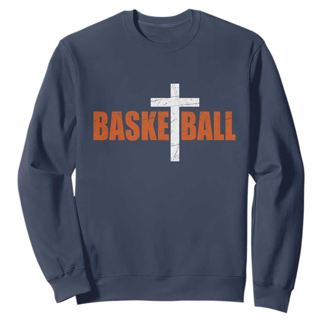 Christian Basketball Cross Sweatshirt Retro Vintage Minimal Religious Faith TS10 Navy Print Your Wear