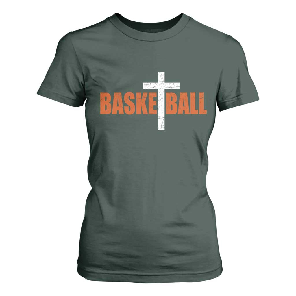 Christian Basketball Cross T Shirt For Women Retro Vintage Minimal Religious Faith TS10 Dark Forest Green Print Your Wear