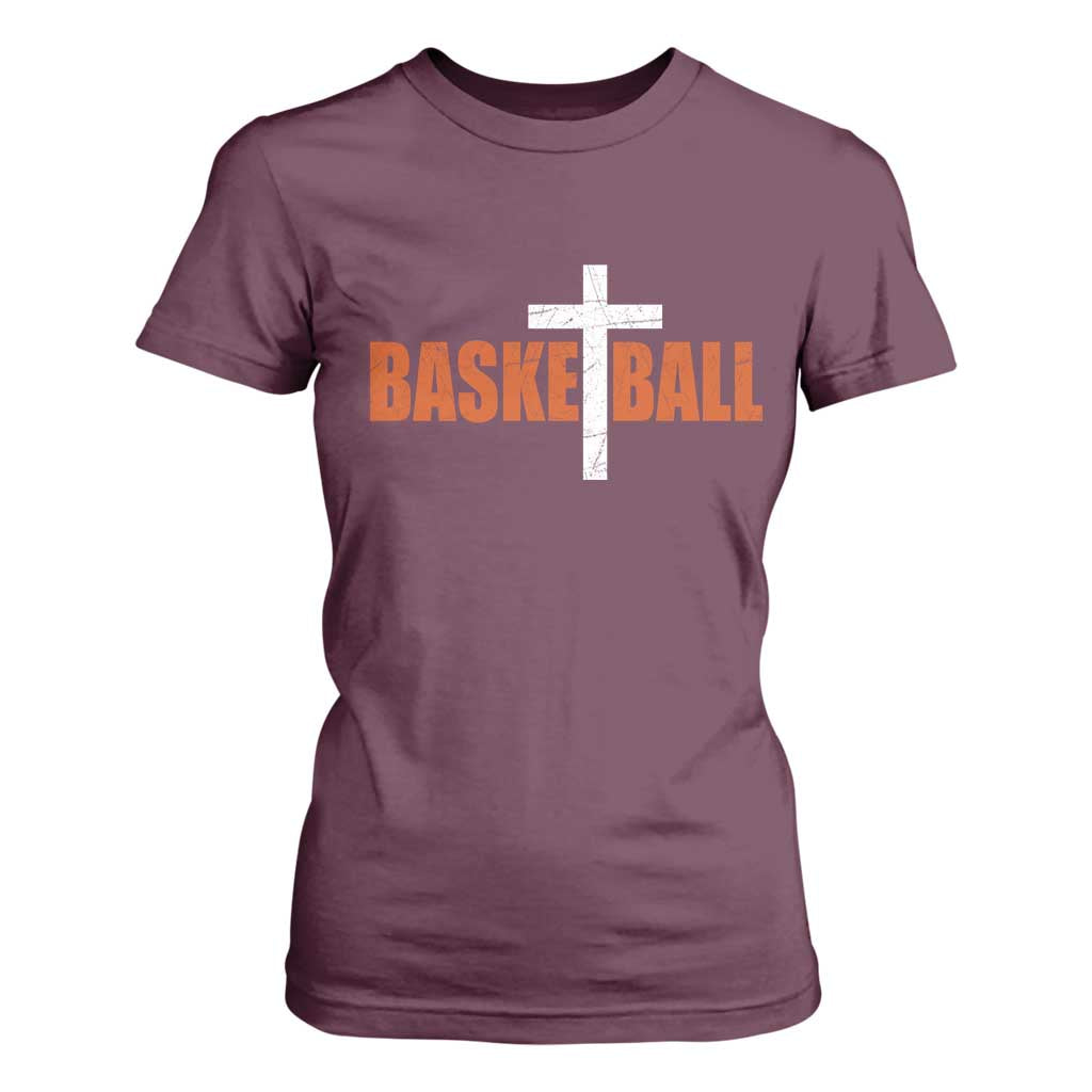 Christian Basketball Cross T Shirt For Women Retro Vintage Minimal Religious Faith TS10 Maroon Print Your Wear