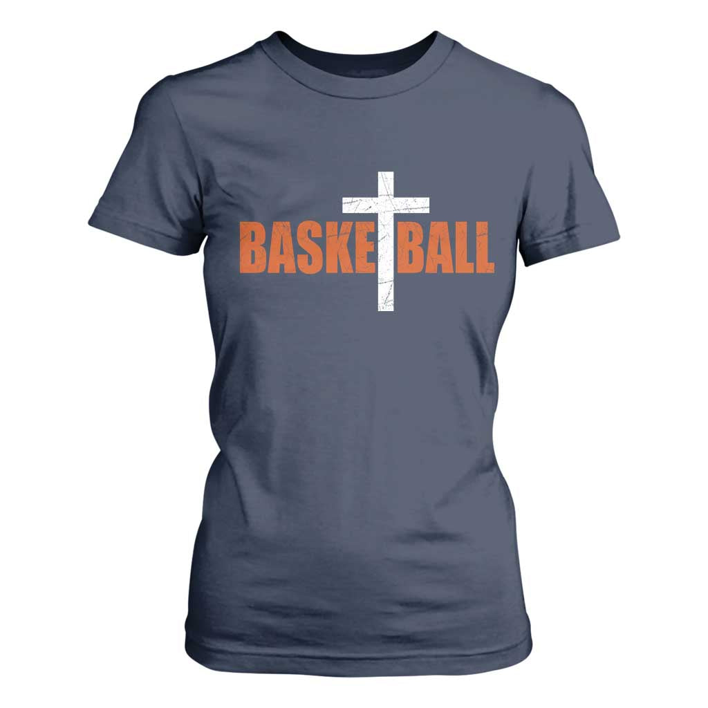 Christian Basketball Cross T Shirt For Women Retro Vintage Minimal Religious Faith TS10 Navy Print Your Wear