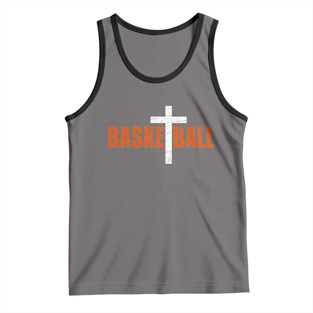 Christian Basketball Cross Tank Top Retro Vintage Minimal Religious Faith TS10 Deep Heather Black Print Your Wear