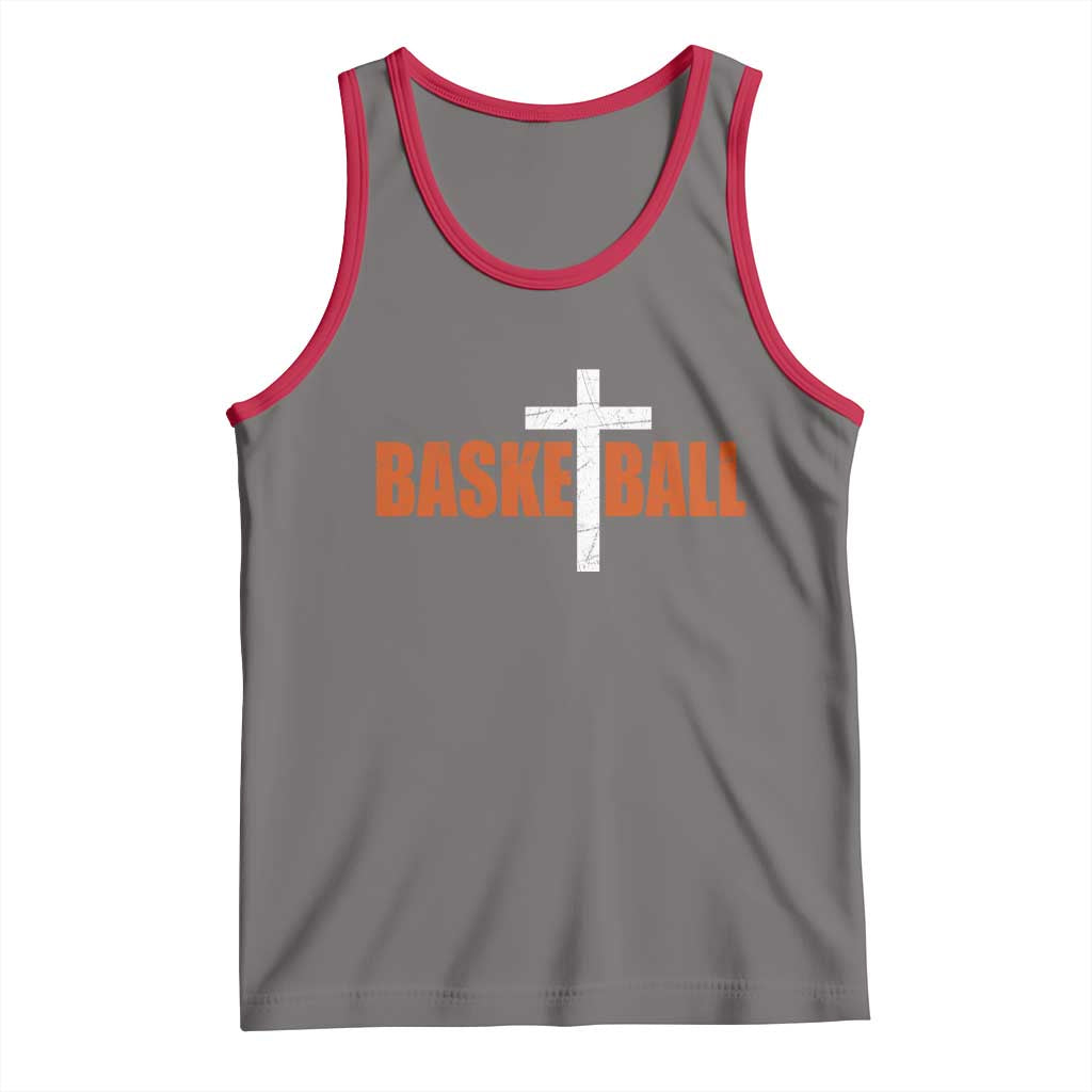 Christian Basketball Cross Tank Top Retro Vintage Minimal Religious Faith TS10 Deep Heather Red Print Your Wear