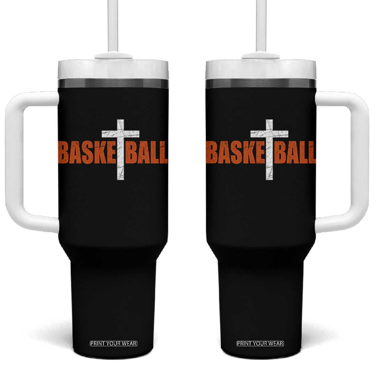 Christian Basketball Cross Tumbler With Handle Retro Vintage Minimal Religious Faith TS10 One Size: 40 oz Black Print Your Wear