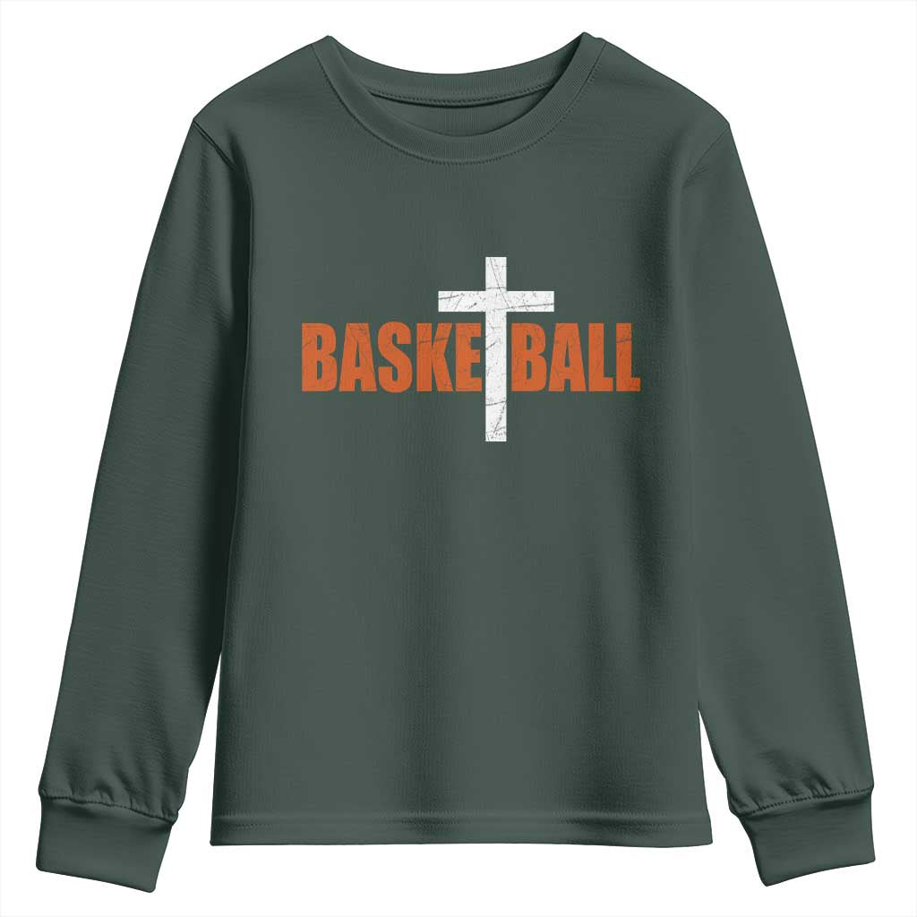 Christian Basketball Cross Youth Sweatshirt Retro Vintage Minimal Religious Faith TS10 Dark Forest Green Print Your Wear