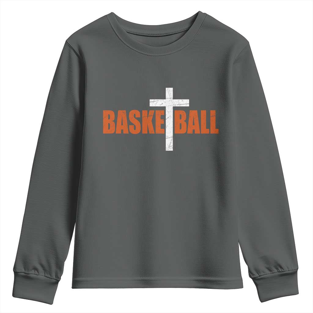 Christian Basketball Cross Youth Sweatshirt Retro Vintage Minimal Religious Faith TS10 Dark Heather Print Your Wear