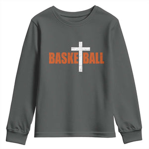 Christian Basketball Cross Youth Sweatshirt Retro Vintage Minimal Religious Faith TS10 Dark Heather Print Your Wear