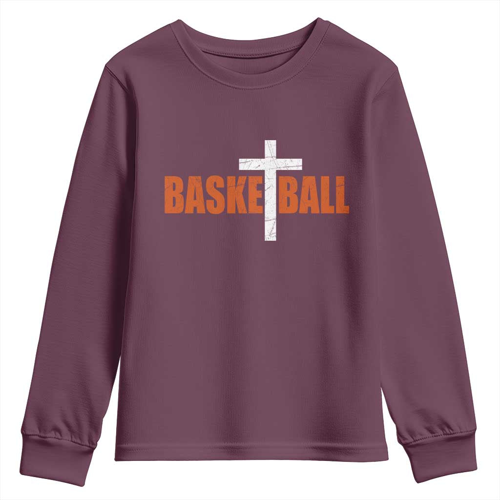 Christian Basketball Cross Youth Sweatshirt Retro Vintage Minimal Religious Faith TS10 Maroon Print Your Wear