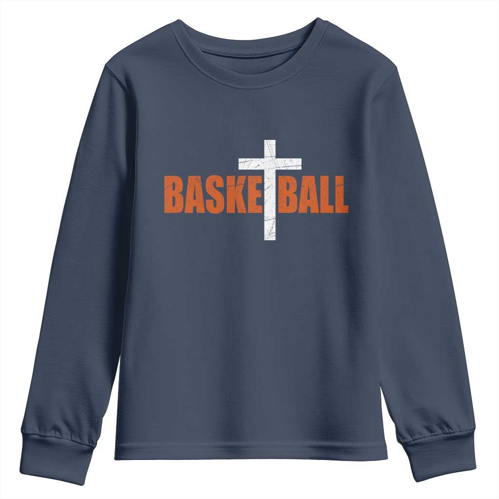 Christian Basketball Cross Youth Sweatshirt Retro Vintage Minimal Religious Faith TS10 Navy Print Your Wear