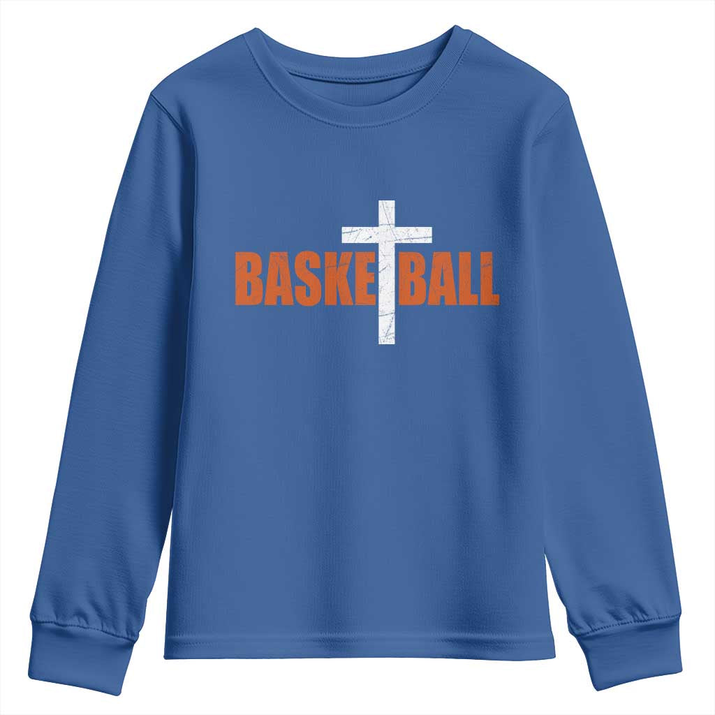 Christian Basketball Cross Youth Sweatshirt Retro Vintage Minimal Religious Faith TS10 Royal Blue Print Your Wear