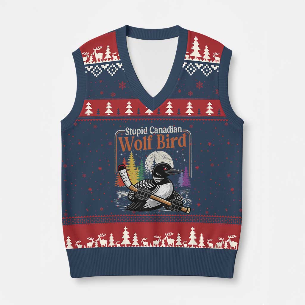 Stupid Canadian Wolf Bird V-Neck Knit Sweater Vest Retro Romance Hockey LGBT Book Movie Fans TS10 Navy Red Print Your Wear