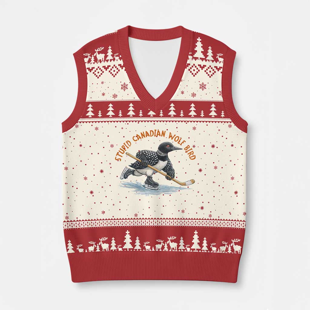 Stupid Canadian Wolf Bird V-Neck Knit Sweater Vest Funny Romance Hockey Fan LGBTQ+ TS10 Beige Red Print Your Wear