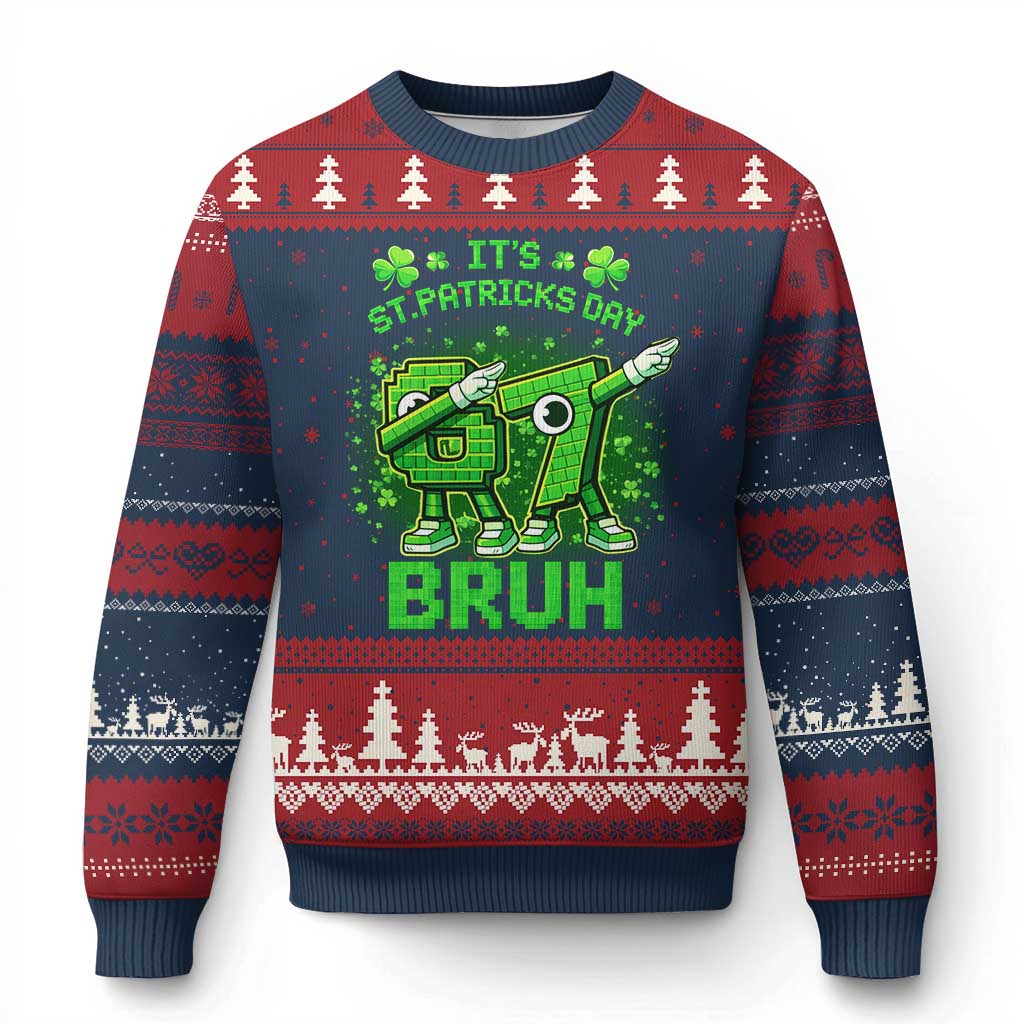 Its St Patricks Day 67 Bruh Ugly Christmas Sweater Funny Shamrock Six Seven 6 7 Meme Gen Alpha TS10 Navy Red Print Your Wear