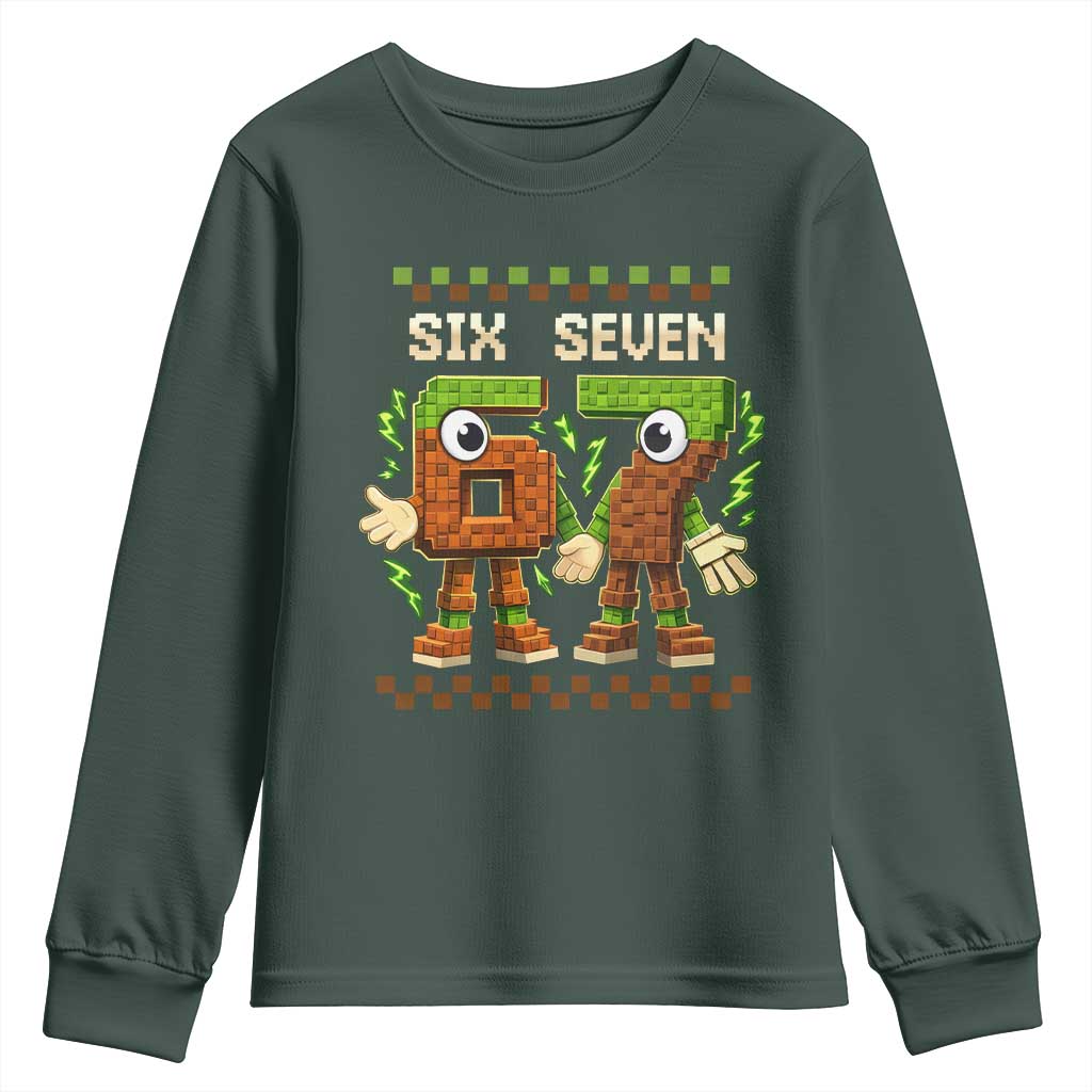 Six Seven Brainrot Italian Funny 67 Youth Sweatshirt Checkered Kids Gaming Meme TS10 Dark Forest Green Print Your Wear