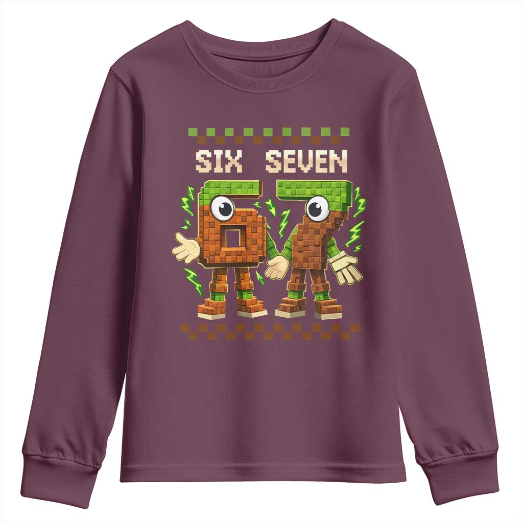 Six Seven Brainrot Italian Funny 67 Youth Sweatshirt Checkered Kids Gaming Meme TS10 Maroon Print Your Wear