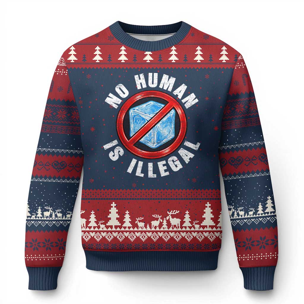 Abolish Ice No Human is Illegal Ugly Christmas Sweater Retro Protest Subtle FDT TS10 Navy Red Print Your Wear