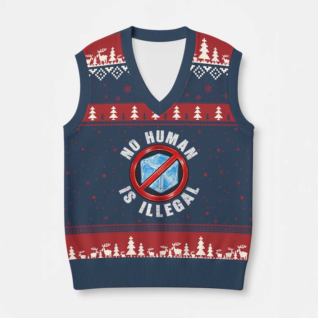 Abolish Ice No Human is Illegal V-Neck Knit Sweater Vest Retro Protest Subtle FDT TS10 Navy Red Print Your Wear