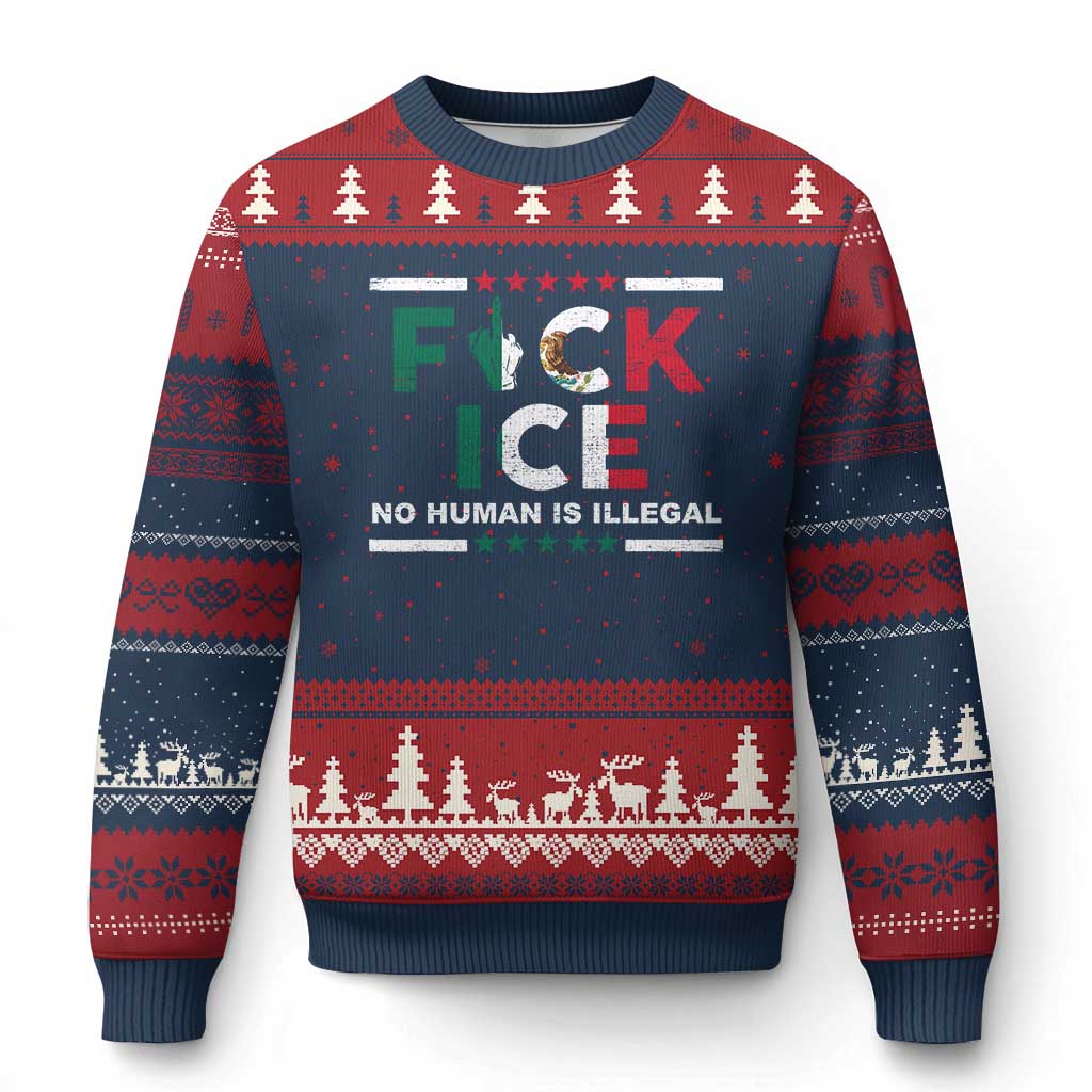 Fck Ice Ugly Christmas Sweater Mexico Flag Mexican Immigrant Anti Immigration Enforcement TS10 Navy Red Print Your Wear