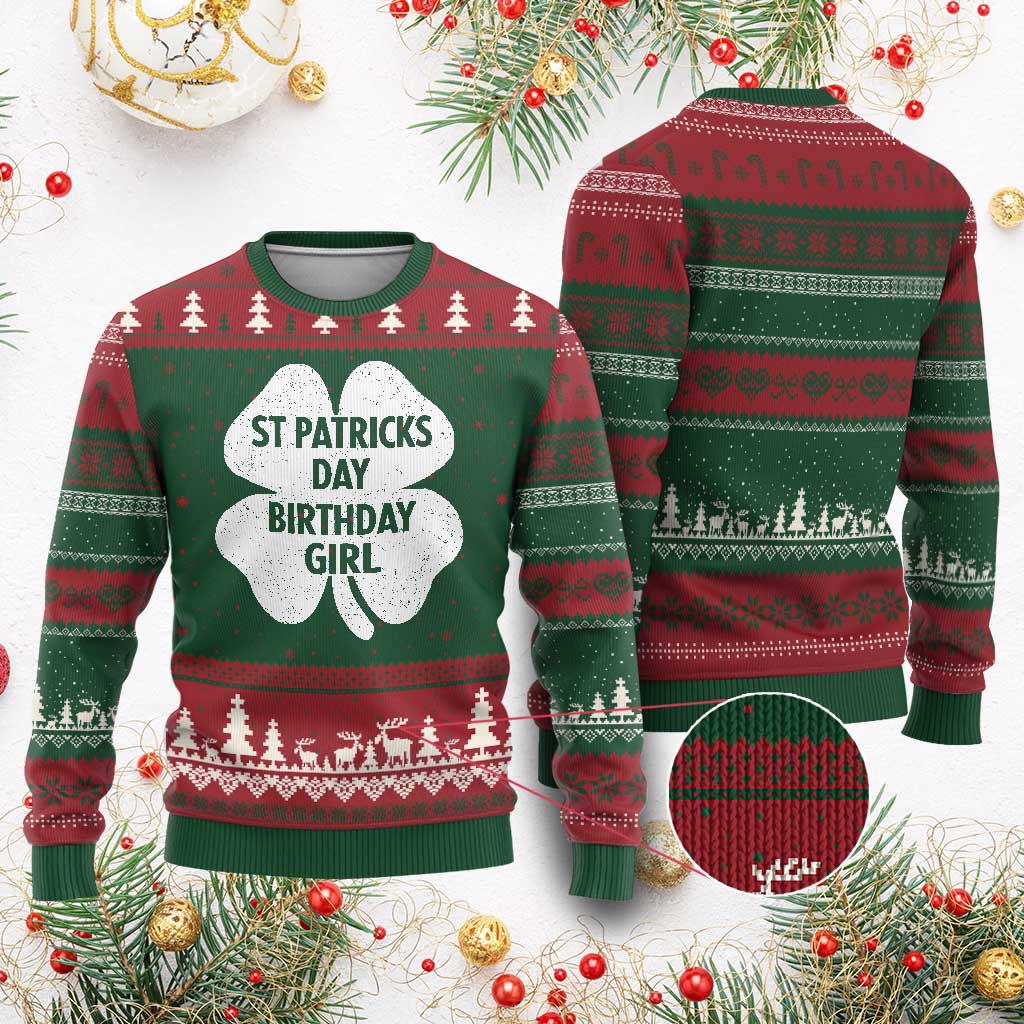 St Patricks Day Birthday Girl Ugly Christmas Sweater Irish Bday Shamrock Clovers TS10 Red Green Print Your Wear