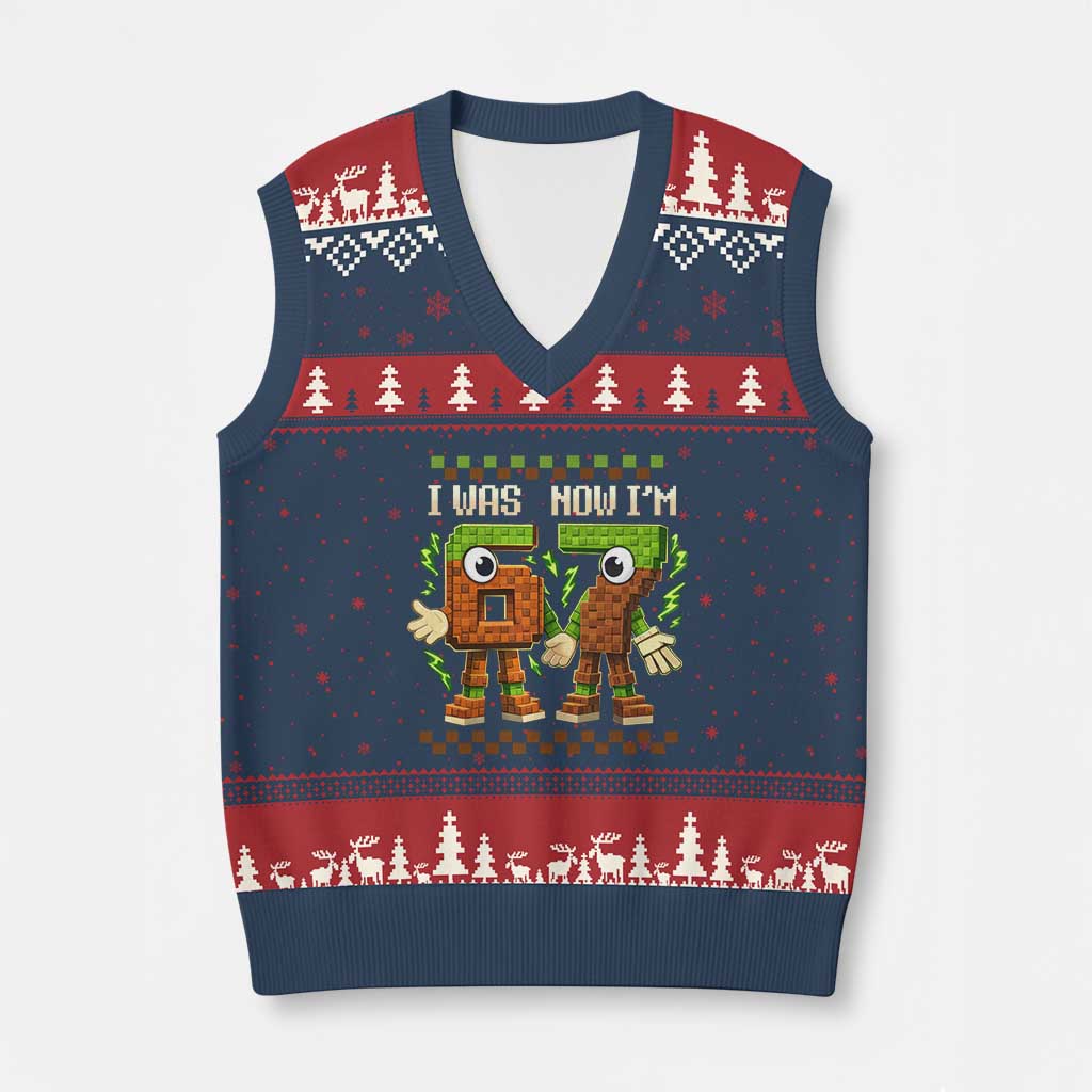 I Was 6 Now Im 7 7th Birthday 67 Meme V-Neck Knit Sweater Vest Six Seven Checkered Kids Gaming Meme TS10 Navy Red Print Your Wear