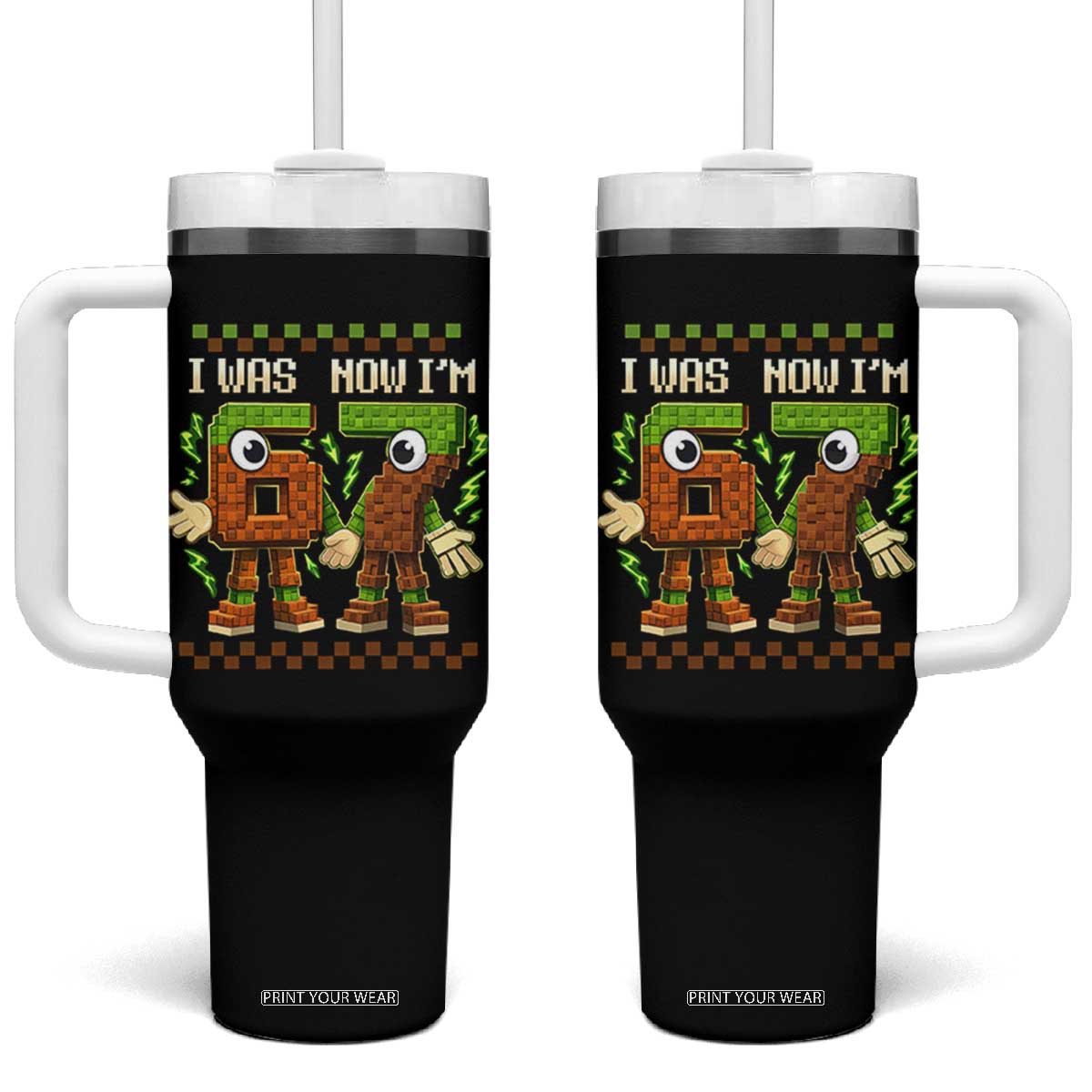 I Was 6 Now Im 7 7th Birthday 67 Meme Tumbler With Handle Six Seven Checkered Kids Gaming Meme TS10 One Size: 40 oz Black Print Your Wear