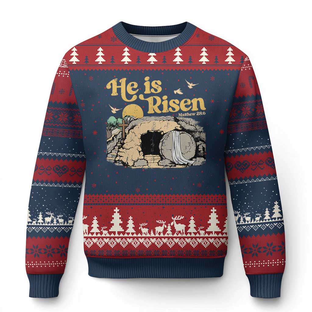 He Is Risen Ugly Christmas Sweater Retro Vintage Easter Jesus Christian Apparel TS10 Navy Red Print Your Wear