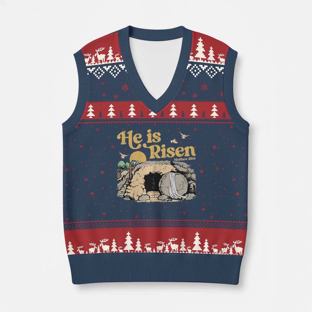 He Is Risen V-Neck Knit Sweater Vest Retro Vintage Easter Jesus Christian Apparel TS10 Navy Red Print Your Wear
