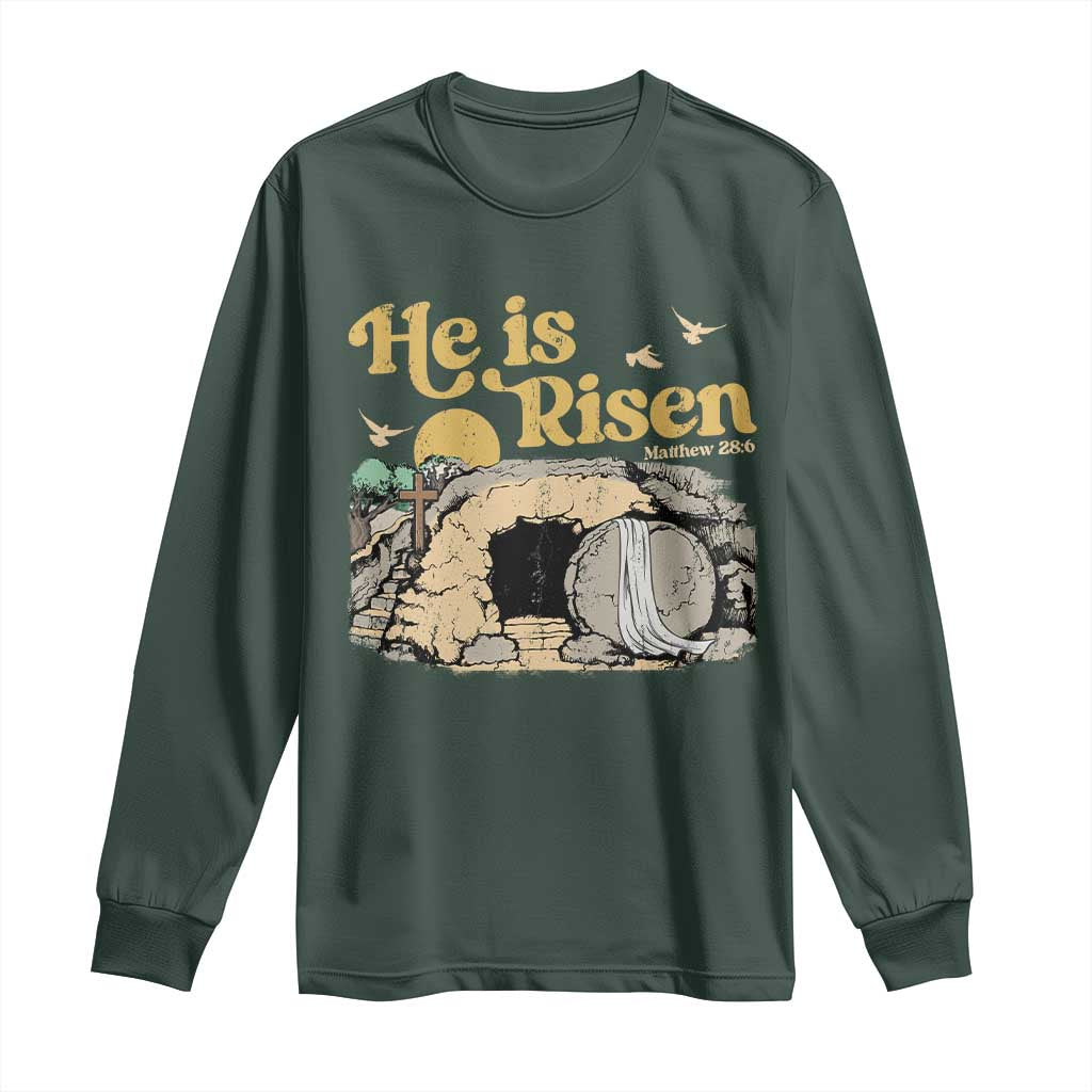 He Is Risen Long Sleeve Shirt Retro Vintage Easter Jesus Christian Apparel TS10 Dark Forest Green Print Your Wear
