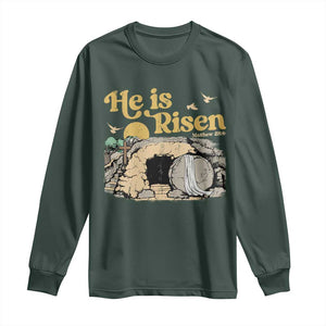 He Is Risen Long Sleeve Shirt Retro Vintage Easter Jesus Christian Apparel TS10 Dark Forest Green Print Your Wear