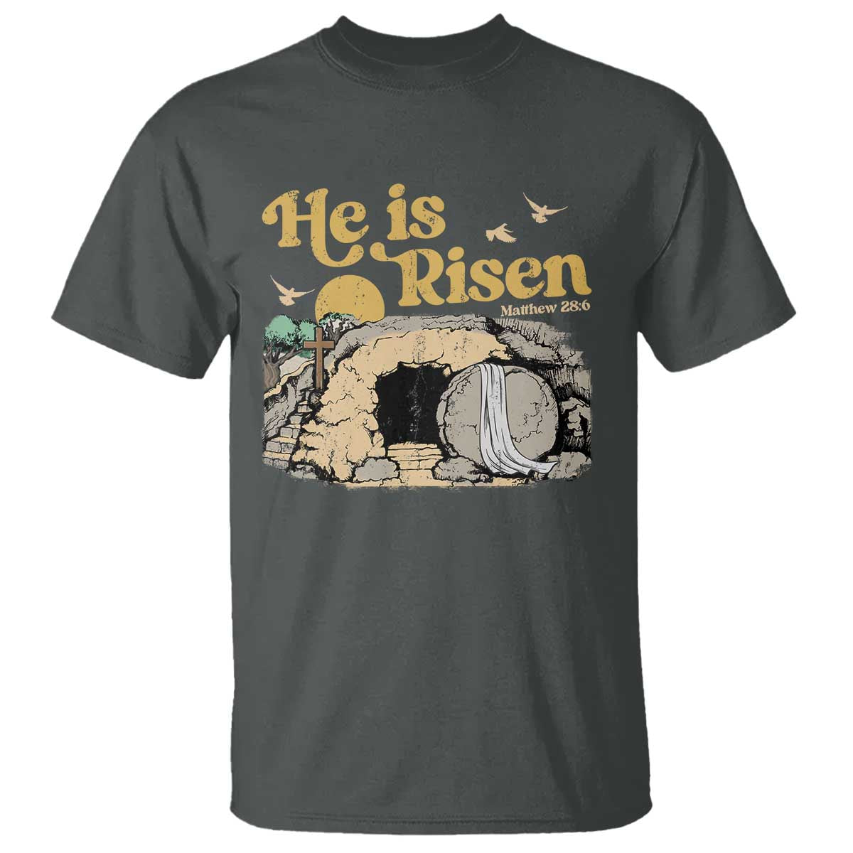 He Is Risen T Shirt Retro Vintage Easter Jesus Christian Apparel TS10 Dark Heather Print Your Wear