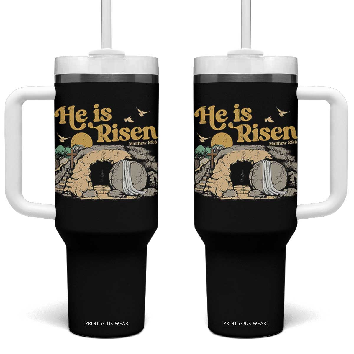 He Is Risen Tumbler With Handle Retro Vintage Easter Jesus Christian Apparel TS10 One Size: 40 oz Black Print Your Wear