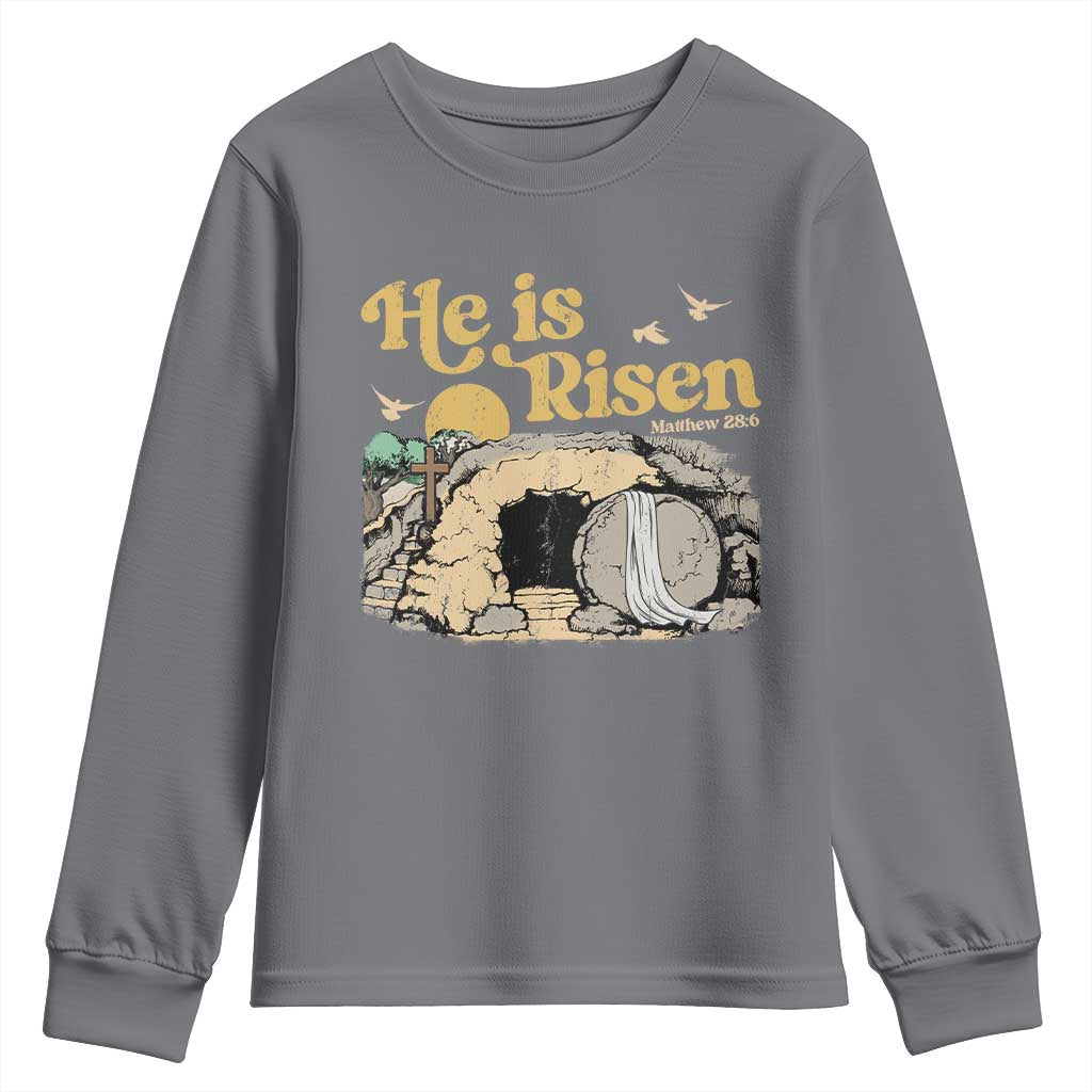 He Is Risen Youth Sweatshirt Retro Vintage Easter Jesus Christian Apparel TS10 Charcoal Print Your Wear
