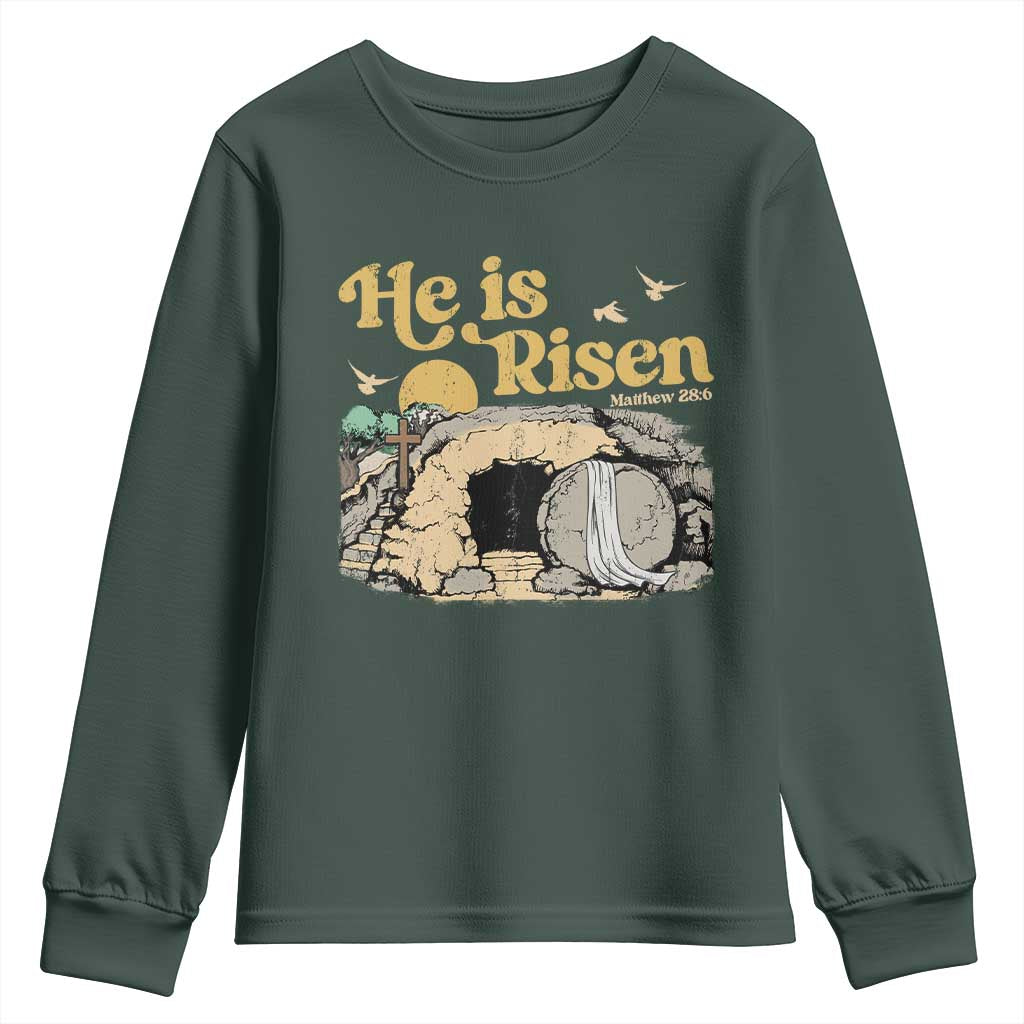 He Is Risen Youth Sweatshirt Retro Vintage Easter Jesus Christian Apparel TS10 Dark Forest Green Print Your Wear