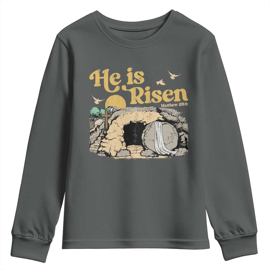 He Is Risen Youth Sweatshirt Retro Vintage Easter Jesus Christian Apparel TS10 Dark Heather Print Your Wear