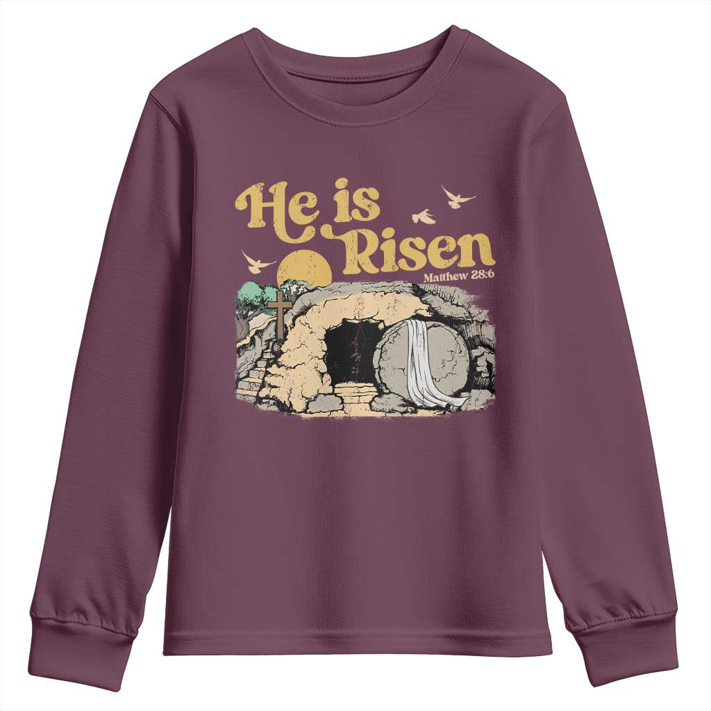 He Is Risen Youth Sweatshirt Retro Vintage Easter Jesus Christian Apparel TS10 Maroon Print Your Wear