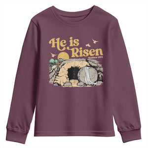 He Is Risen Youth Sweatshirt Retro Vintage Easter Jesus Christian Apparel TS10 Maroon Print Your Wear
