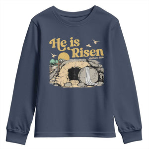 He Is Risen Youth Sweatshirt Retro Vintage Easter Jesus Christian Apparel TS10 Navy Print Your Wear