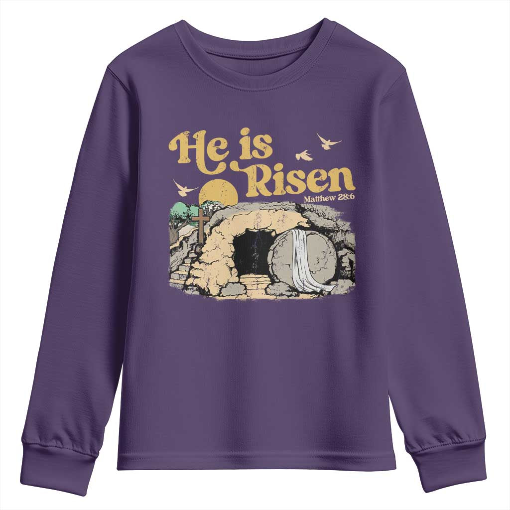 He Is Risen Youth Sweatshirt Retro Vintage Easter Jesus Christian Apparel TS10 Purple Print Your Wear