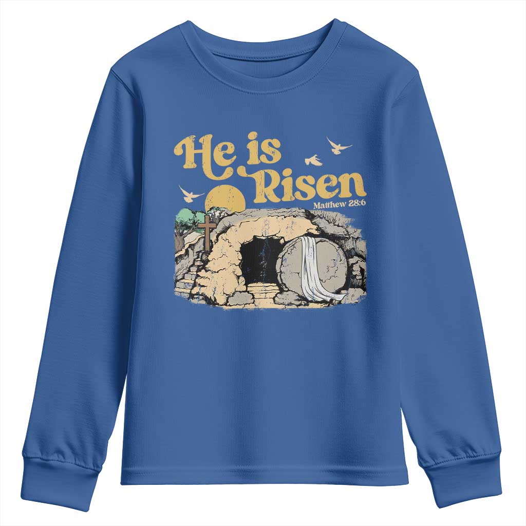 He Is Risen Youth Sweatshirt Retro Vintage Easter Jesus Christian Apparel TS10 Royal Blue Print Your Wear