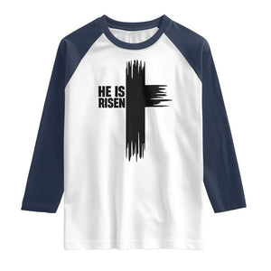 He Is Risen Raglan Shirt Christian Easter Cross TS10 White Navy Print Your Wear